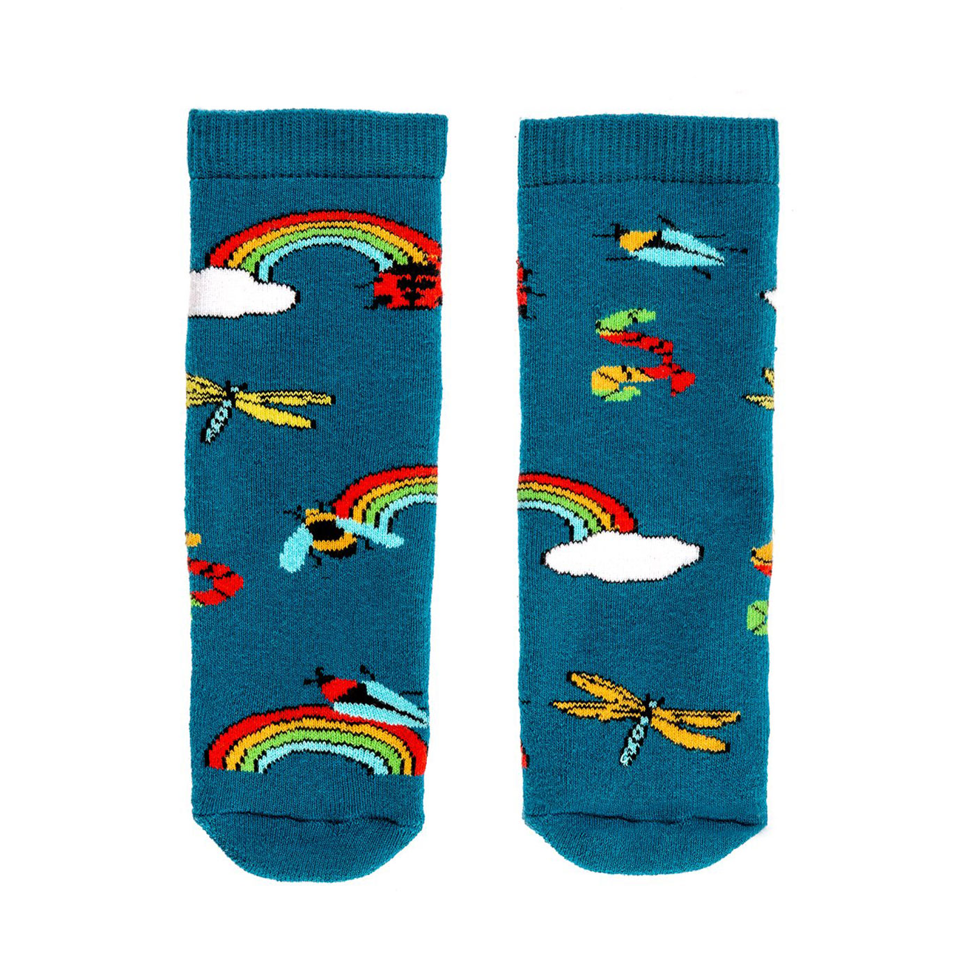 A pair of tots socks by Squelch, style Bugs, in blue and multi. Front view.