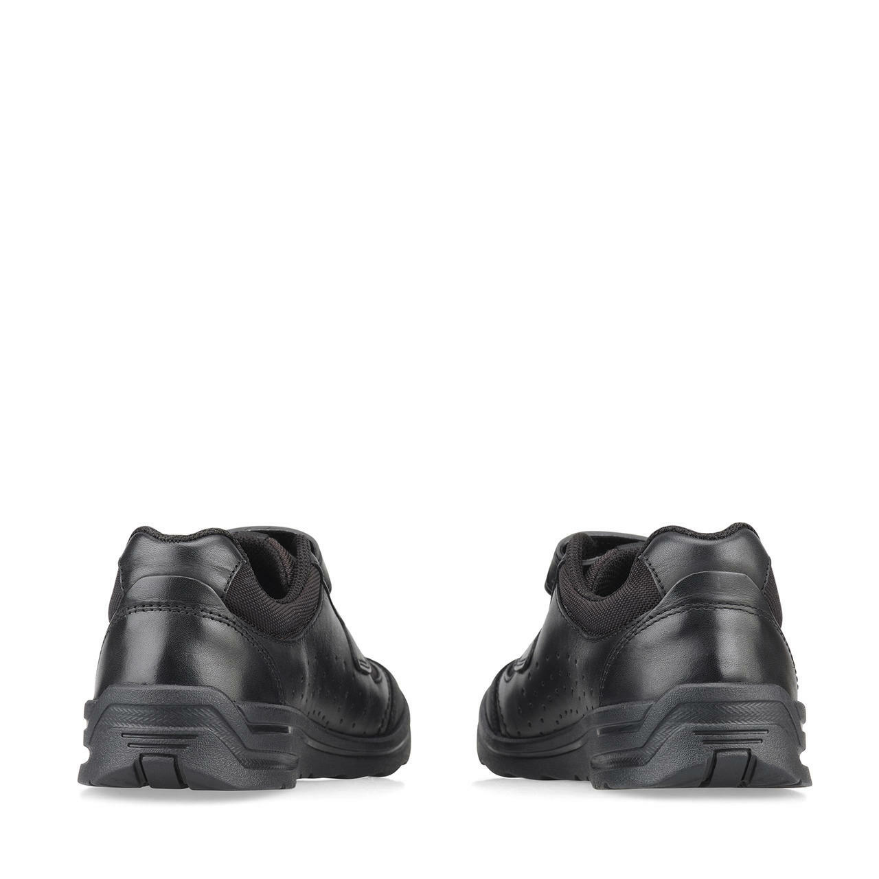 A pair of boys school shoes by Start Rite,style Rocket, in black leather with double velcro fastening. Back view.