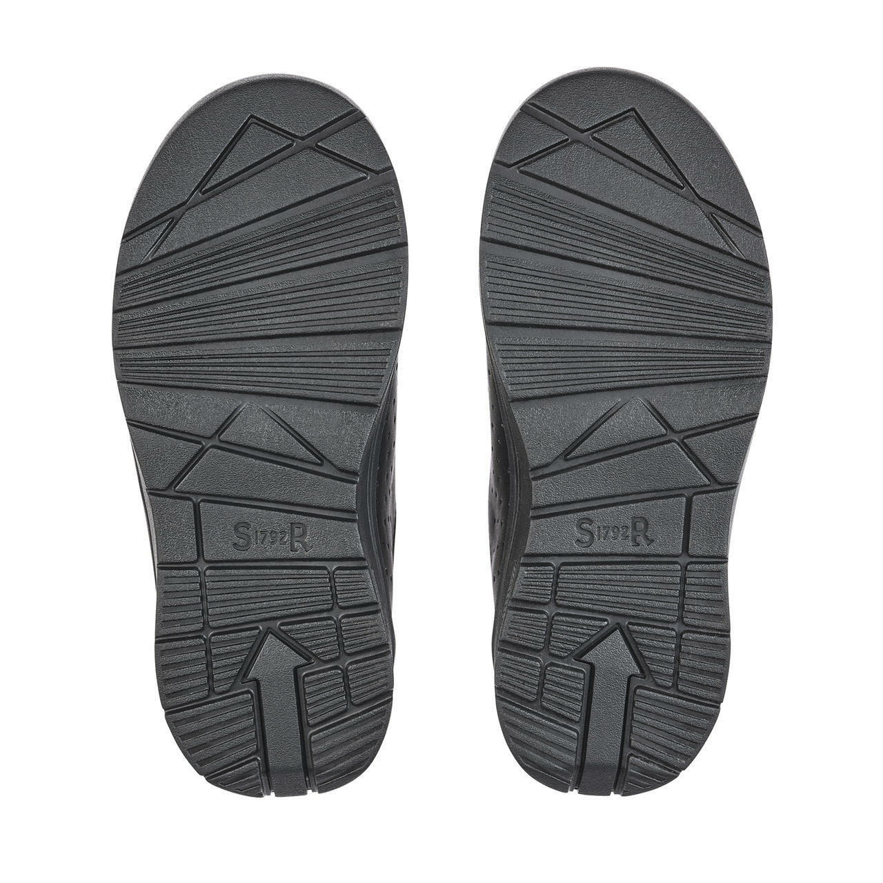 A pair of boys school shoes by Start Rite,style Rocket, in black leather with double velcro fastening. Sole view.