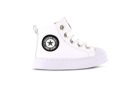 A unisex white hi top by Shoesme, style SH21008-F, in white leather with toe bumper and lace/zip fastening. Right side view.