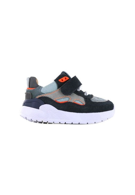 A boys trainer by Shoesme, style ST23S019-A, in Navy and pale blue leather nubuck with velcro fastening. Right side view.