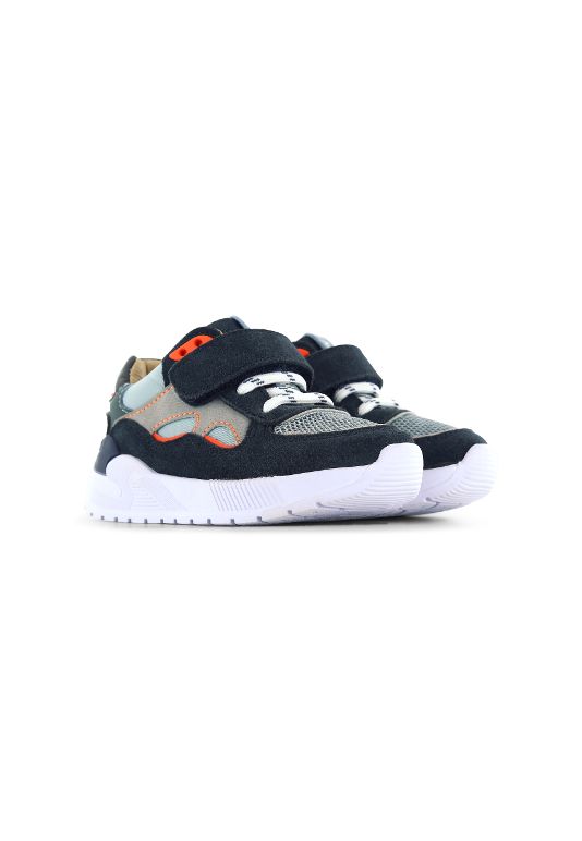 A boys trainer by Shoesme, style ST23S019-A, in Navy and pale blue leather nubuck  with velcro fastening. Angled view.