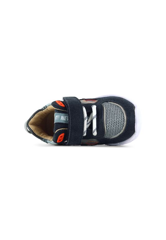 A boys trainer by Shoesme, style ST23S019-A, in Navy and pale blue leather nubuck with velcro fastening. Above view.