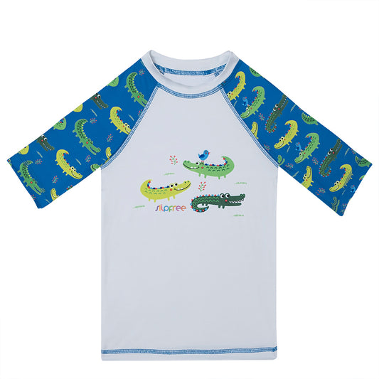 A boys rash vest by Slipfree, style Alligator, in Alligator print. Front view.