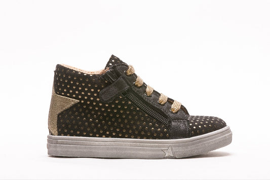 A girls casual ankle boot by Bopy, style Solara, in gold and black with lace and zip fastening. Right side view.