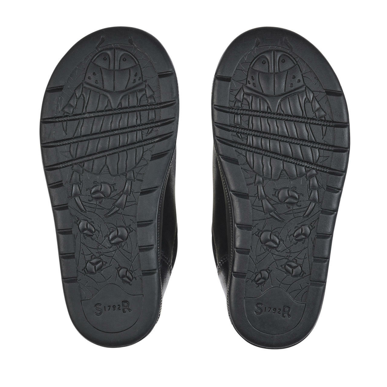 A pair of boys pre school shoes by Start Rite,style Tickle, in black leather with double velcro fastening. Sole view.