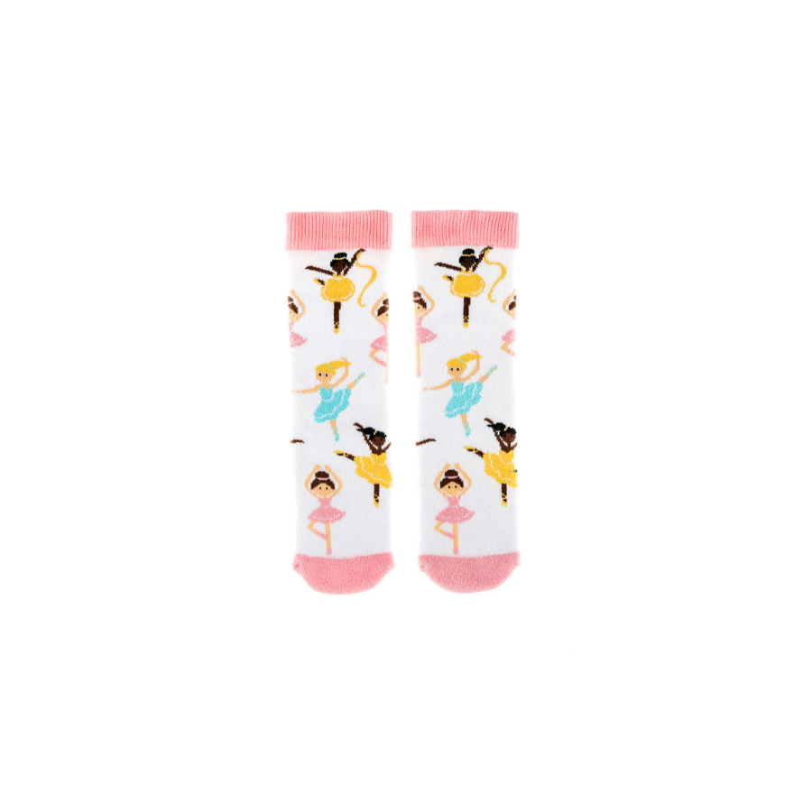 A pair of mini socks by Squelch, style Dancer, in white multi. Front view.