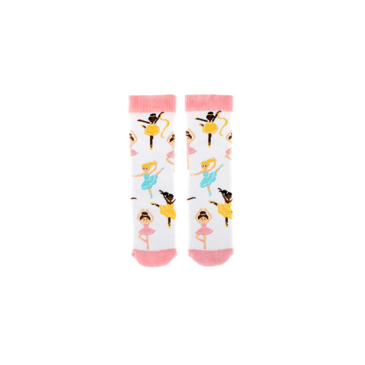 A pair of mini socks by Squelch, style Dancer, in white multi. Front view.