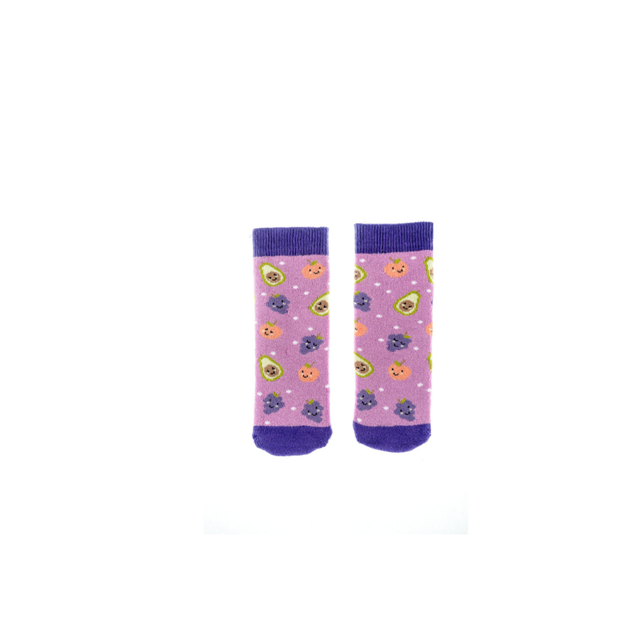 A pair of socks by Squelch, style Avacado, in purple multi. Front view.