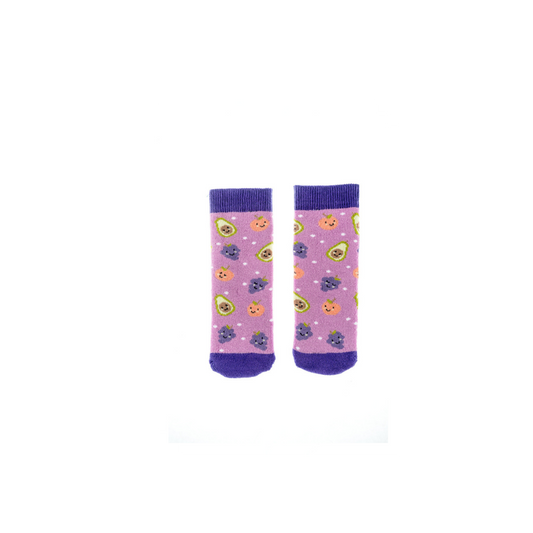 A pair of socks by Squelch, style Avacado, in purple multi. Front view.