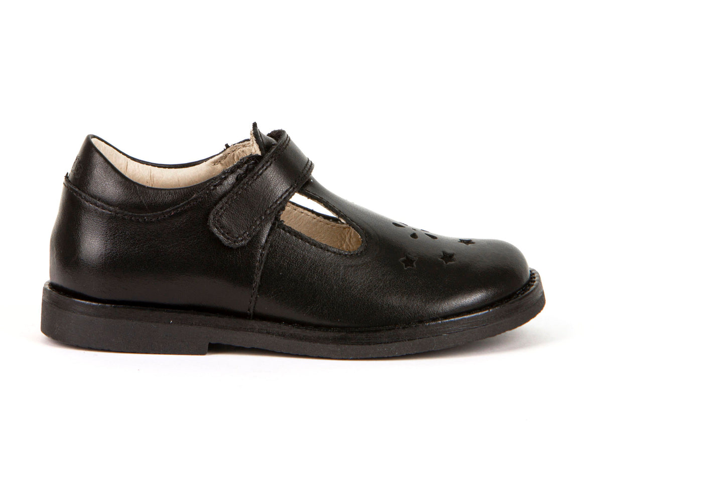 A girls t-bar school shoe by Froddo, style Evia, in black leather with velcro fastening. Right side view.