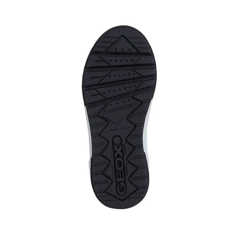 A boys Hi-top by Geox, style J Weemble Boy, in black and grey, velcro fastening with elastic laces. View of black sole.