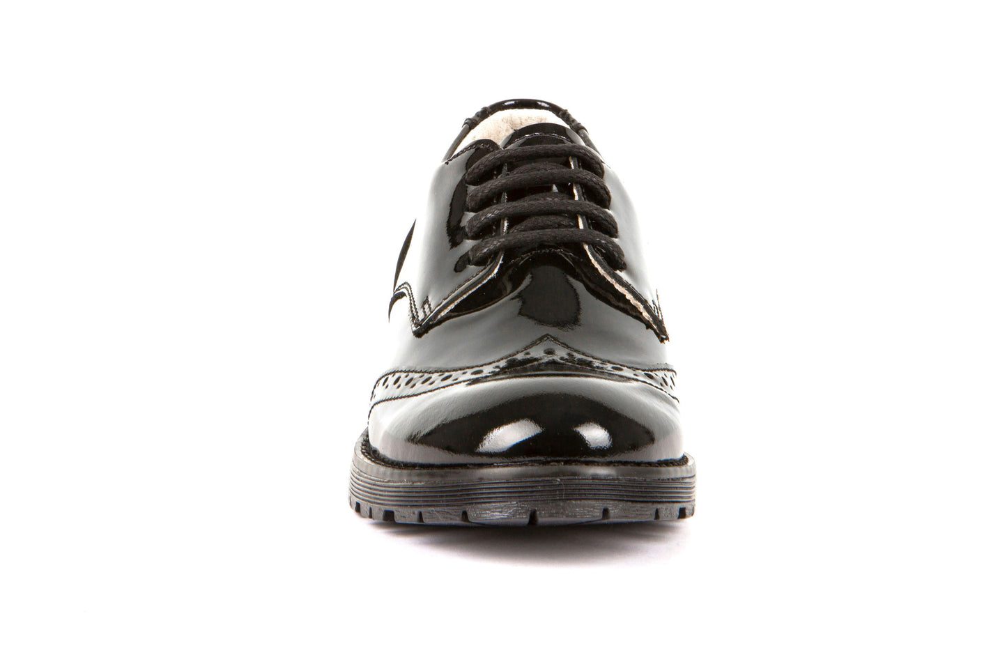 A girls school shoe by Froddo, style Charlie, in black patent with lace up fastening. Front view.