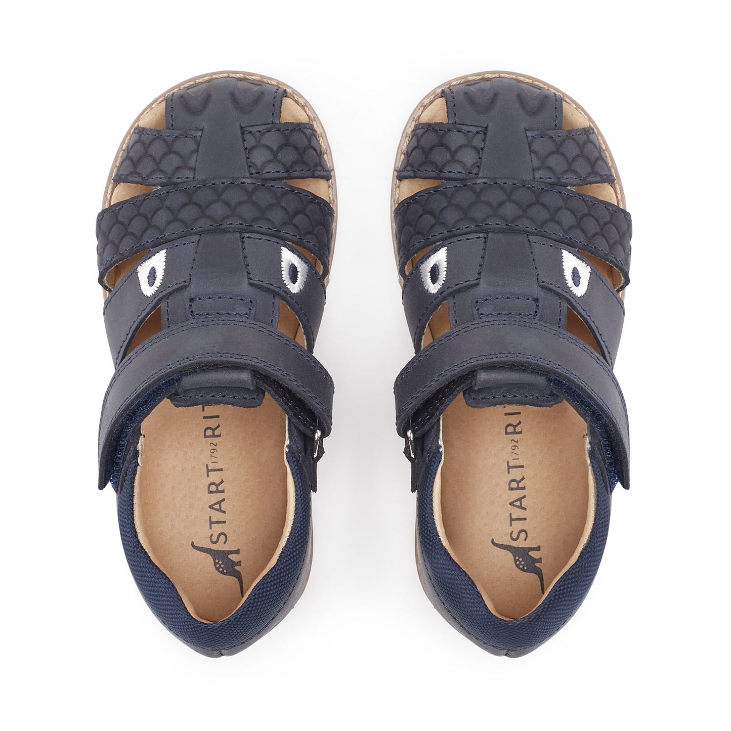 A pair of boys Navy leather sandals by Start Rite,style Dino, with velcro fastening. Above view.