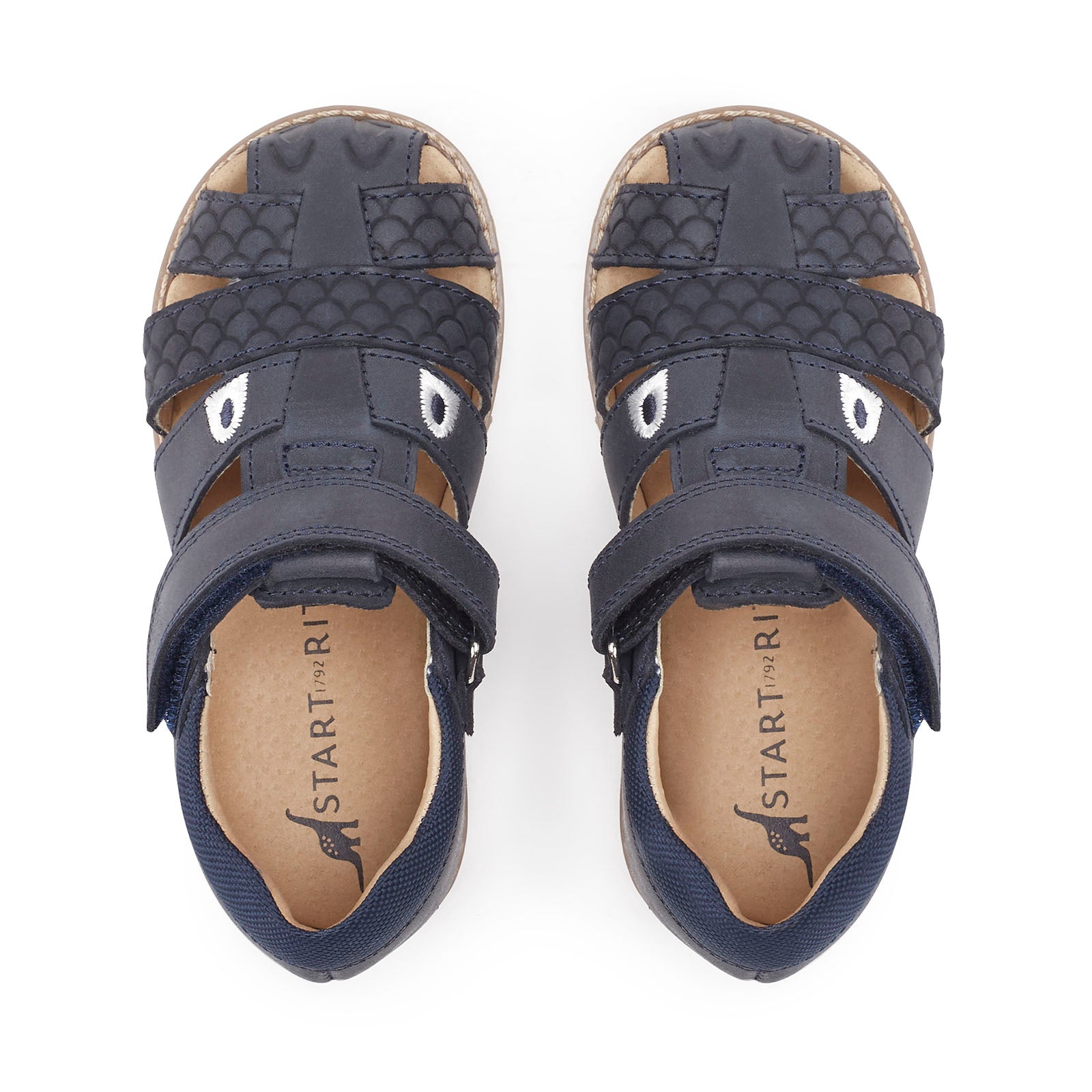 A pair of boys Navy leather sandals by Start Rite,style Dino, with velcro fastening. Above view.
