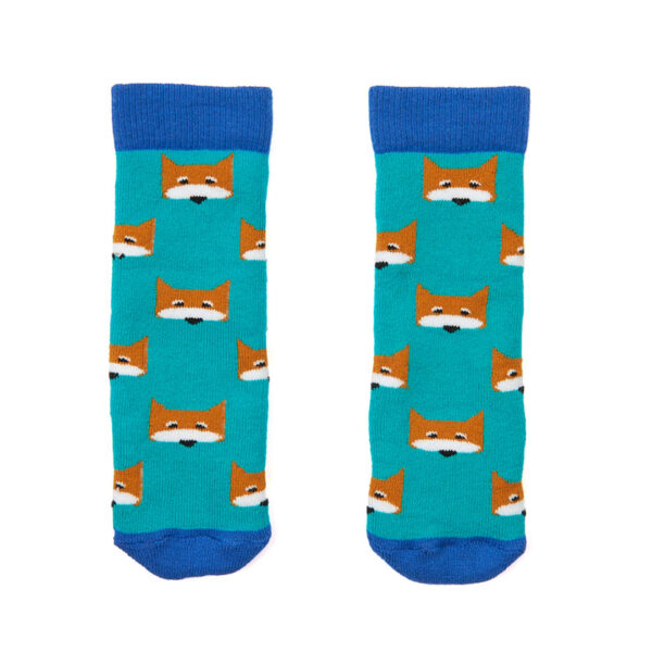 A pair of tots socks by Squelch, style Fox, in teal multi. Front view.