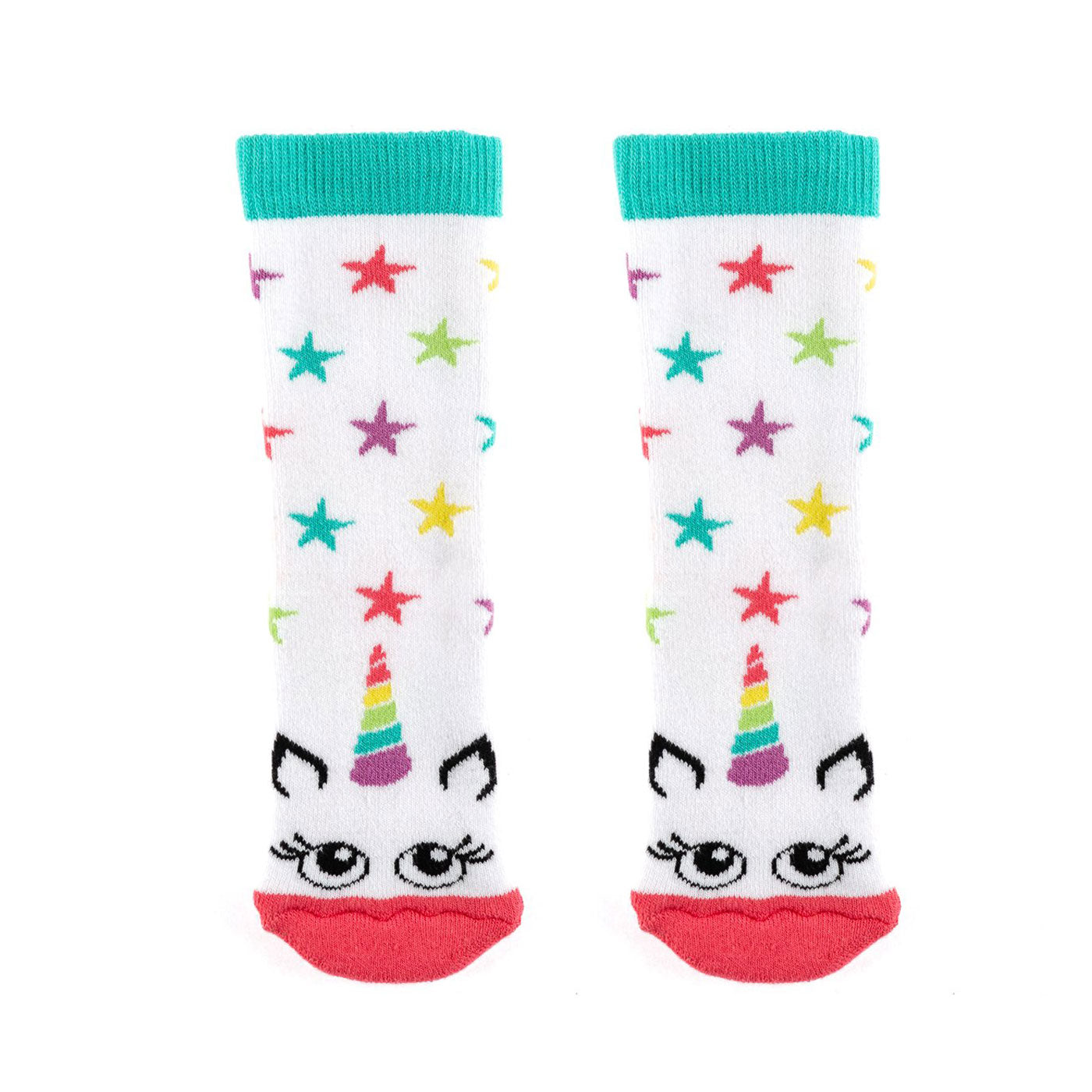 A pair of mini socks by Squelch, style Unicorn, in white multi. Front view