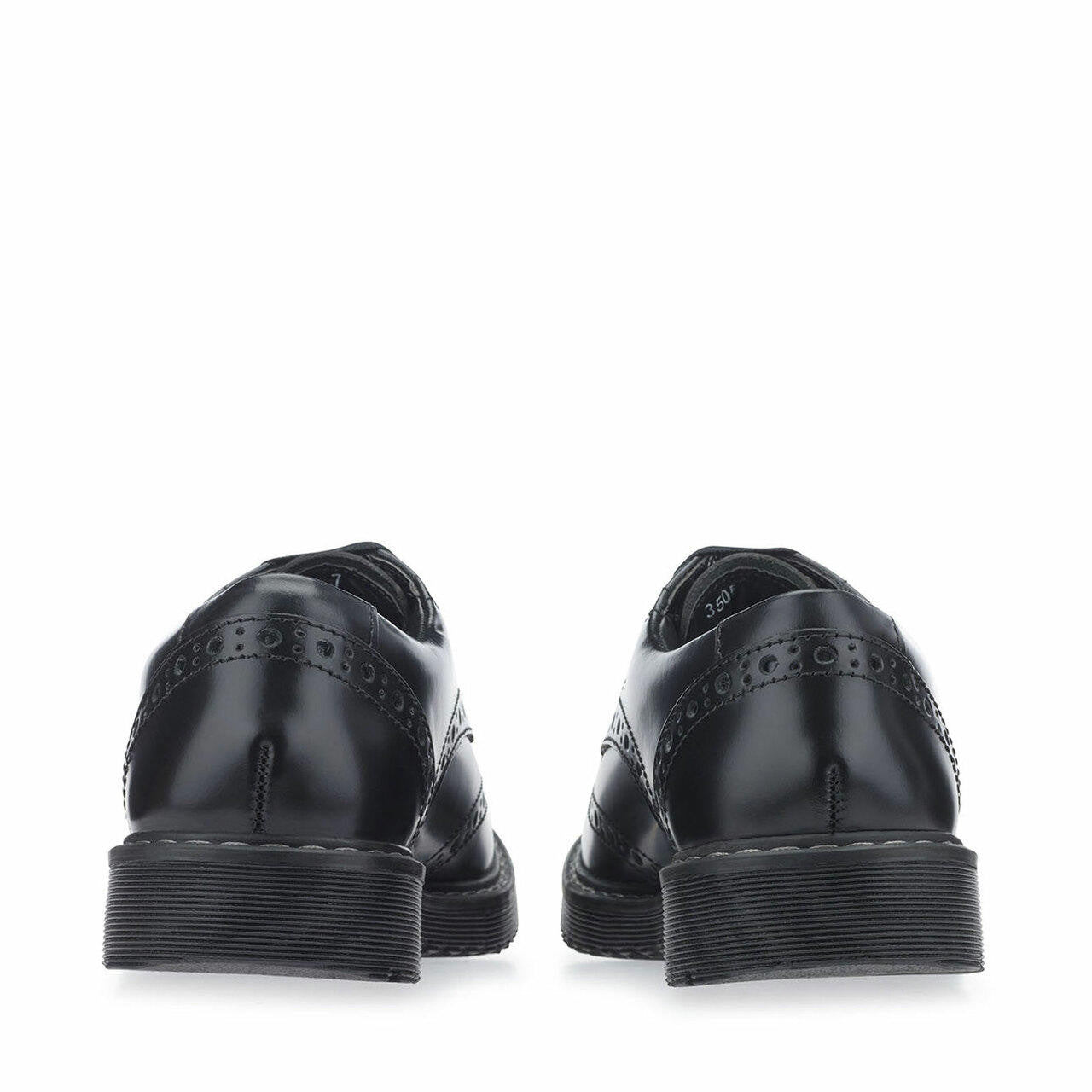 A pair of Start-Rite school shoes,style Impulsive, in black leather with lace up fastening. Back view.