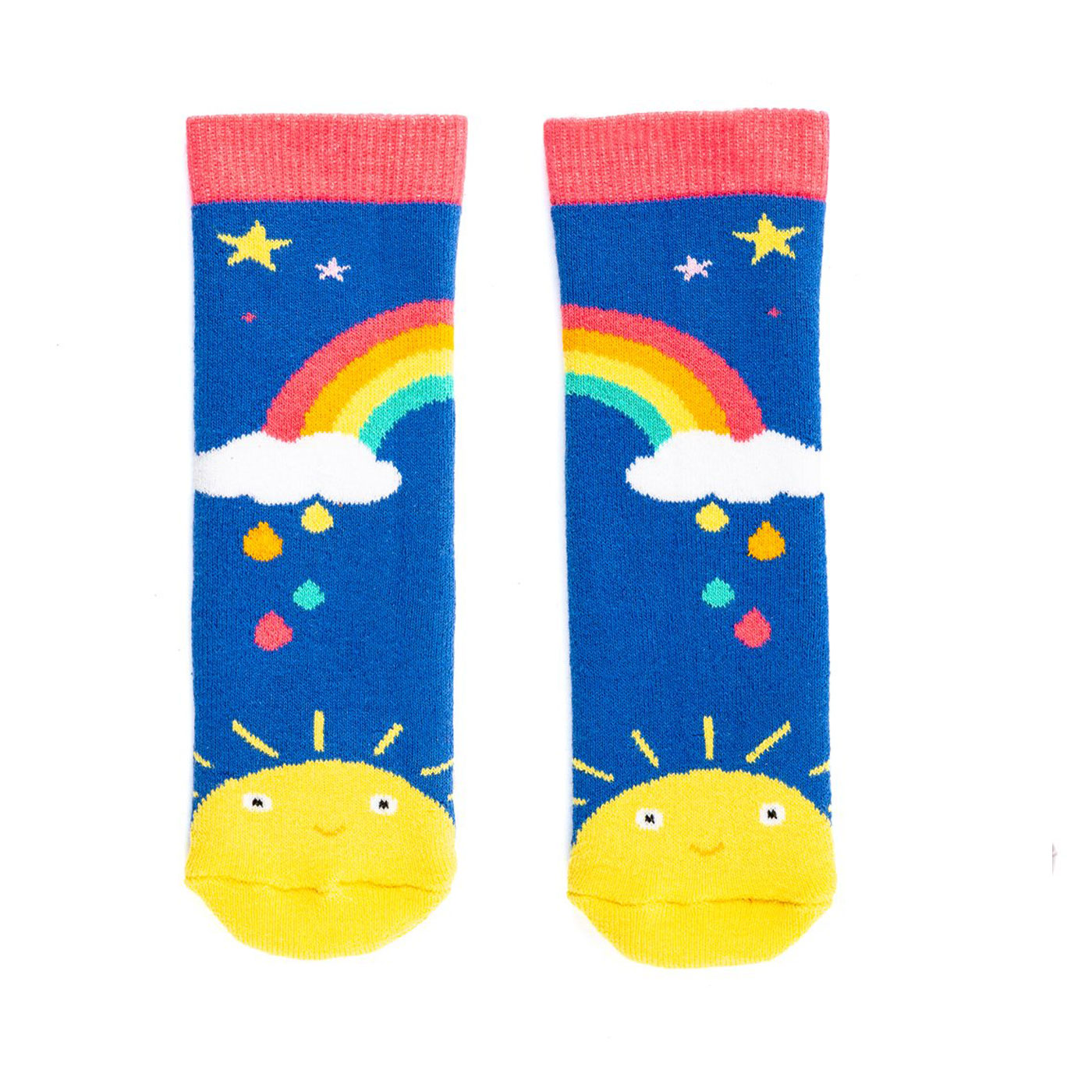 A pair of tots socks by Squelch, style Sunshine, in blue multi. Front view.